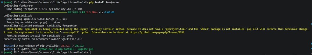 Screenshot AgenticMediaLab Failed to install feedparser