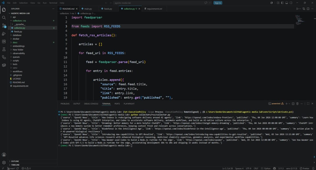 Screenshot AgenticMediaLab Feedparser is working